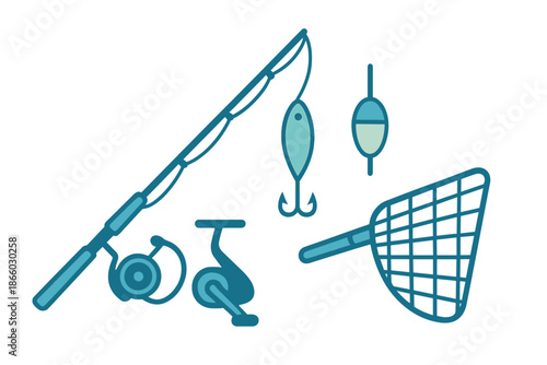 Fishing Gear Icons in Neon Blue