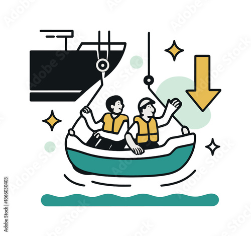 Rescue Boat Descent. Evacuation Boat Drop. A rescue boat lowers from a ship via stylized ropes and pulleys, with motion lines showing descent into calm water.