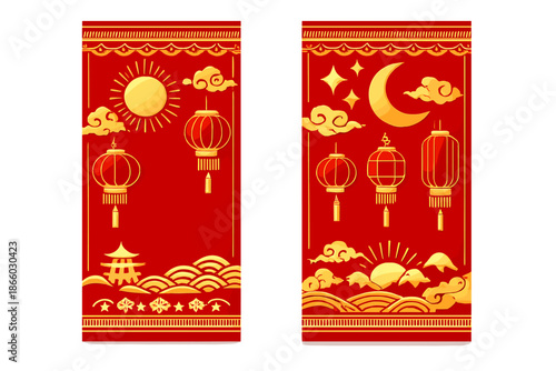 Red and Gold Chinese New Year Banners with Lanterns and Celestial Elements