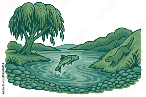 Otter hunting a jumping fish in a river under a willow tree