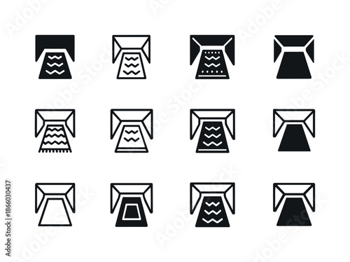 Rug Placement Icons. Placing a rug in the center of the room. Icon set. Set Logo of Placing a rug in the center of the room: rug pattern texture. harmonious