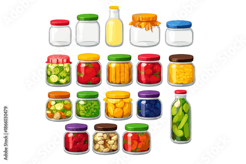 Various jars filled with preserved food and ingredients