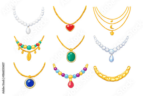 Collection of nine decorative necklaces with glowing gemstones