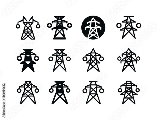Smart Energy Grid Icons. Smart energy grids. Icon set. Set Logo of Smart energy grids: transmission tower. harmonious logo variations of the same emblematic