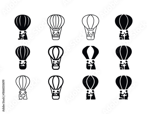 Engagement Icon Set. Engagement on vacation. Icon set. Set Logo of engagement on vacation: hot air balloon proposal. harmonious logo variations of the same