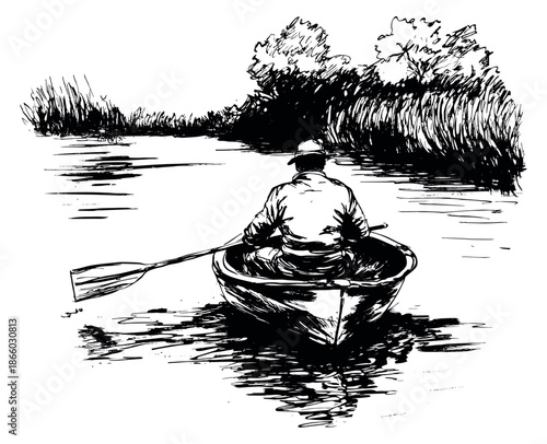 Hand drawn line art illustration of a man in a rowboat depicting rowing on a river for outdoor leisure
