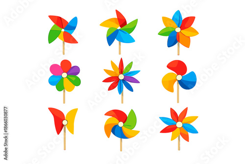Colorful Pinwheels Displayed on a Rainbow Gradient Background