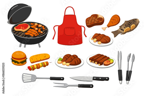 Barbecue food and cooking utensils