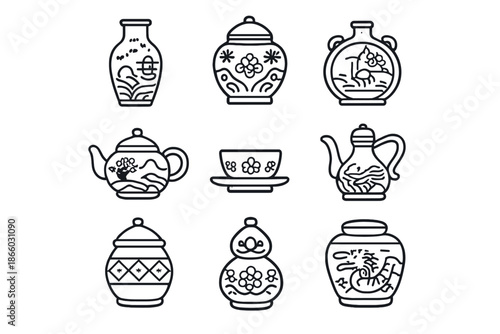 Collection of Asian Ceramic Objects Line Art