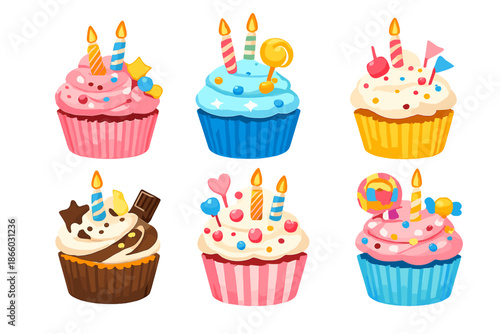 Happy Birthday Cupcakes with Candles and Candy