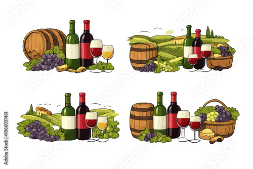 Wine Tasting Scene with Grapes, Cheese, and Barrel