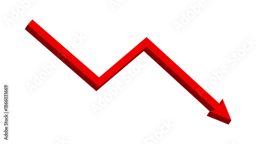 Red 3D falling down fluctuated line arrow graph indicates financial loss concept, stock market fall, business loss, market crash, economic loss. Red downward arrow. Vector illustration.