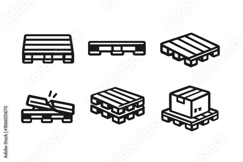 Set of six pallet icons in various states and perspectives