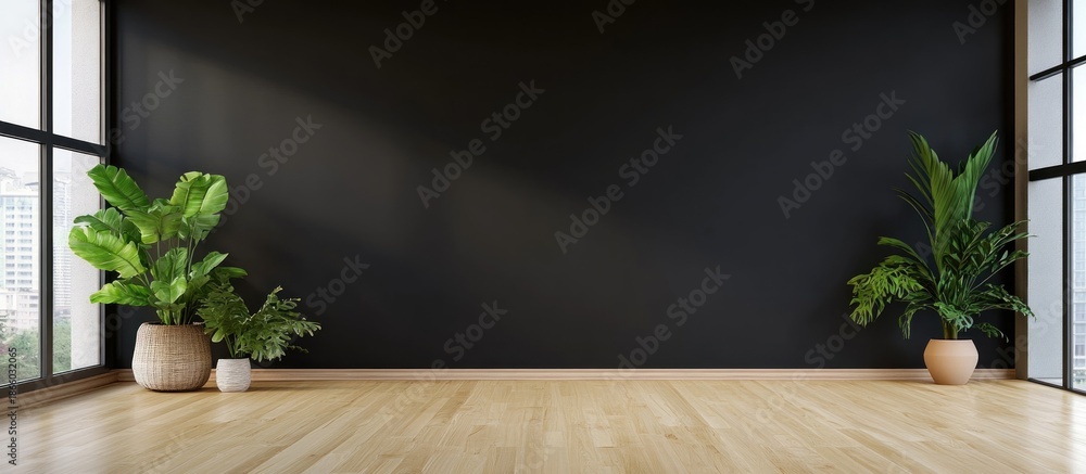 custom made wallpaper toronto digitalElegant Interior with Black Wall, Wooden Floor and Green Plants Near Windows
