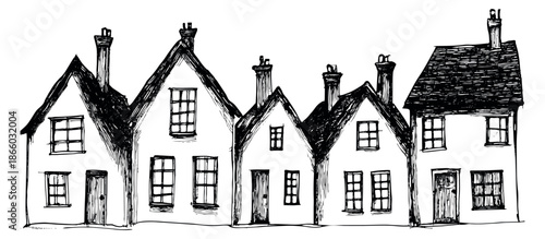 Hand drawn line art houses set featuring a charming row of homes for real estate and community themes