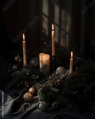 Festive Christmas Advent Wreath with Lit Candles and Ornaments