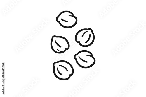 Five white beans with black outlines on a grey background