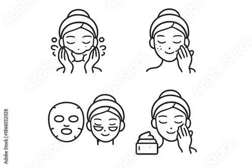 Skincare routine icons with woman washing face, applying cream, and using a sheet mask