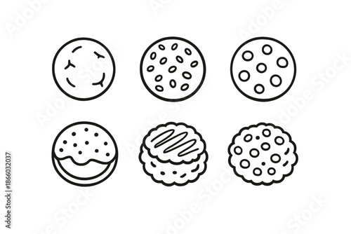 Six round cookies in a 2x3 grid against a beige background