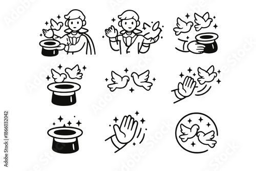 Magic show icons with doves and top hats