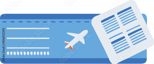 a vibrant blue boarding pass illustration with a small airplane graphic is shown