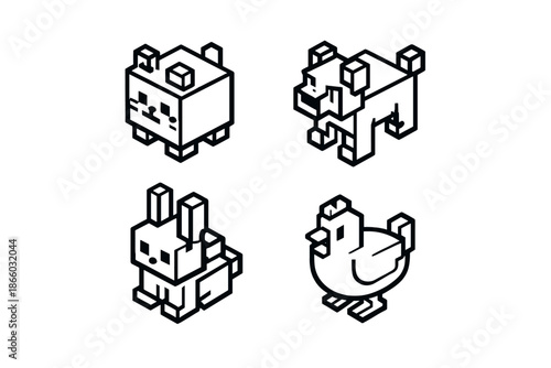 Isometric pixel art animals collection