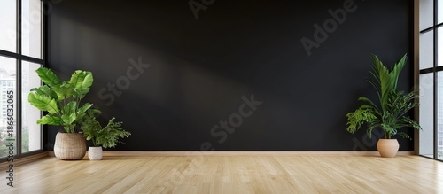 Wallpaper Mural Elegant Interior with Black Wall, Wooden Floor and Green Plants Near Windows Torontodigital.ca