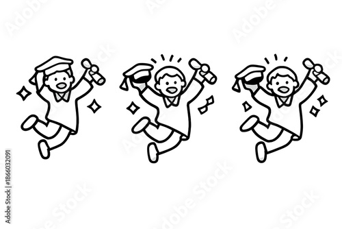 Three cheerful graduates jumping and celebrating