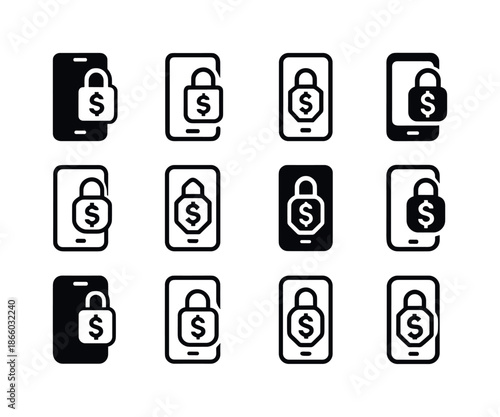 Fintech Logo Variations. Fintech Innovation. Icon set. Set Logo of Fintech Innovation: mobile phone with secure payment symbol. harmonious logo variations of