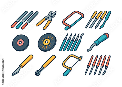 Colorful Metalworking Icons. Metalworking tools. Colorful isometric vector icons set of Metalworking tools: metal files, tin snips, hacksaws, metal chisels,