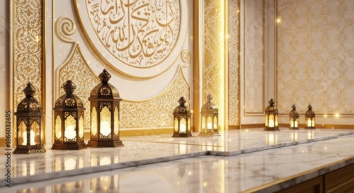 Ornate interior with glowing lanterns, Arabic calligraphy, and intricate gold details