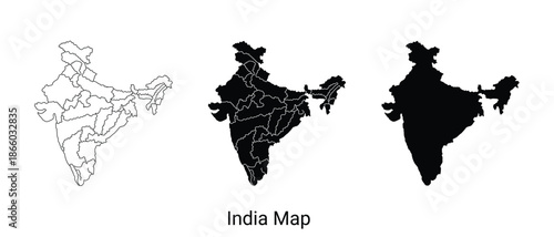 Three black and white india map illustrations in different styles