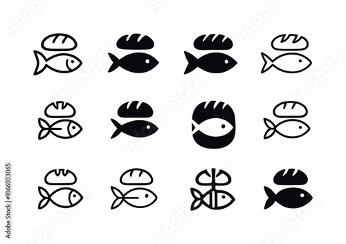 Catholic Charities Icons. Catholic charities. Icon set. Set Logo of Catholic charities: bread and fish symbol. harmonious logo variations of the same
