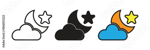 Vector icon set of moon, cloud, and star in outline, glyph, and flat color styles, perfect for night weather forecast apps.