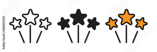 Festive star fireworks icon set representing celebration, success, and magic, available in linear, solid black, and colorful flat design versions.