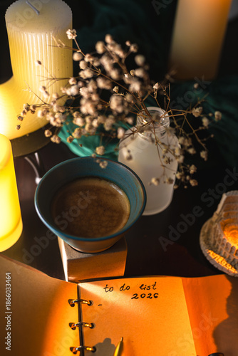 Cozy workspace with to-do list, coffee and candles – planning and mindfulness concept