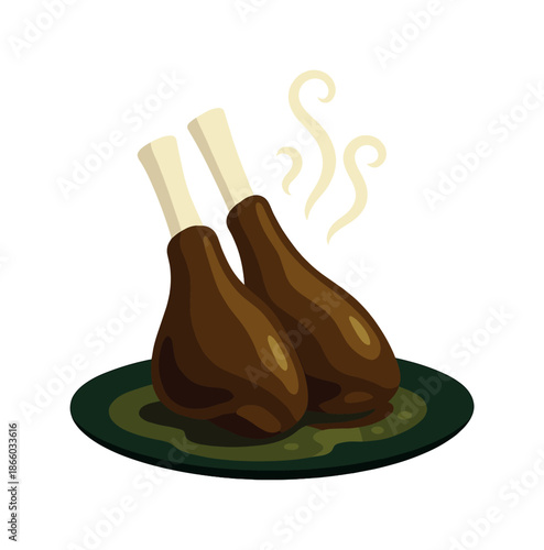 Braised Lamb Delight. Braised lamb shanks. A pair of lamb shanks lean together, sauce glistening in gentle gradients. Rising steam forms elegant curls. Modern