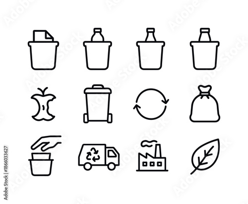 Waste Sorting Icons. Waste Sorting. Line icon set of Waste Sorting: paper, plastic, glass, metal, organic, compost bin, arrows circle, trash bag, hand sorting,