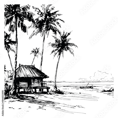 Hand drawn line art illustration of a tropical beach scene depicting a traditional hut under palm trees with boats on the ocean