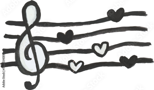 Hand-Drawn Treble Clef with Hearts on Musical Staff
