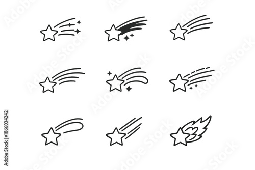 Set of shooting star icons with trails