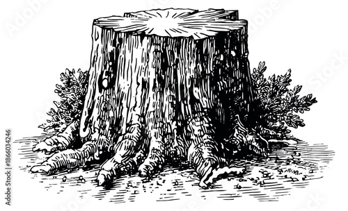 Vintage hand drawn line art illustration of a tree stump depicting a cut trunk and visible roots for nature and forestry concepts