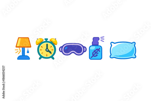 Sleep aids icons including lamp, alarm clock, sleep mask, spray, and pillow