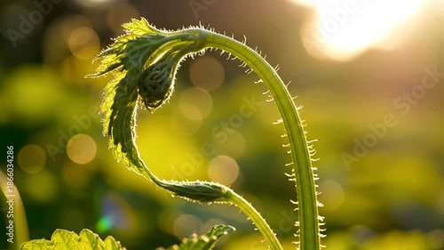 Curved green plant stem with leaves