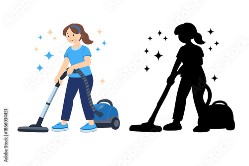 Happy Woman Vacuuming with Sparkles