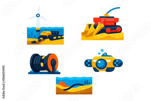 Underwater construction equipment and machinery icons