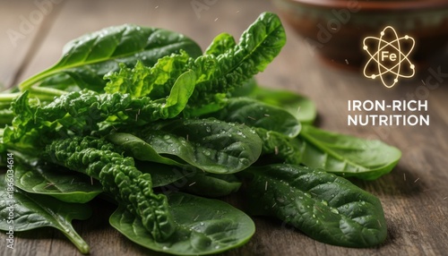 Fresh Spinach Leaves With Water Droplets On A Wooden Surface