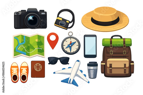 Travel Accessories Arranged on a Dark Background