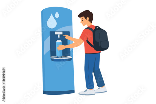Young man filling water bottle at a water dispenser