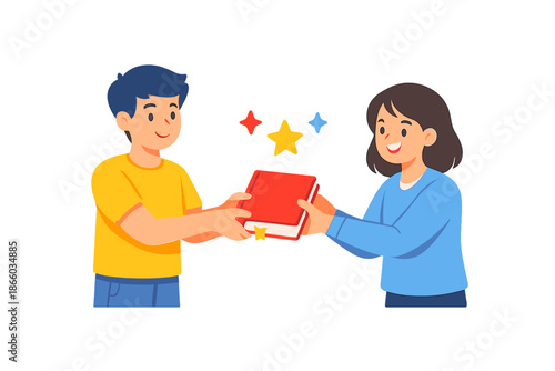 Children exchanging a book with glowing stars